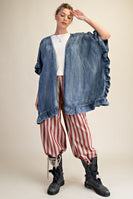 Easel Washed Chambray Star Patched Back Open Front Cardigan in Washed Denim