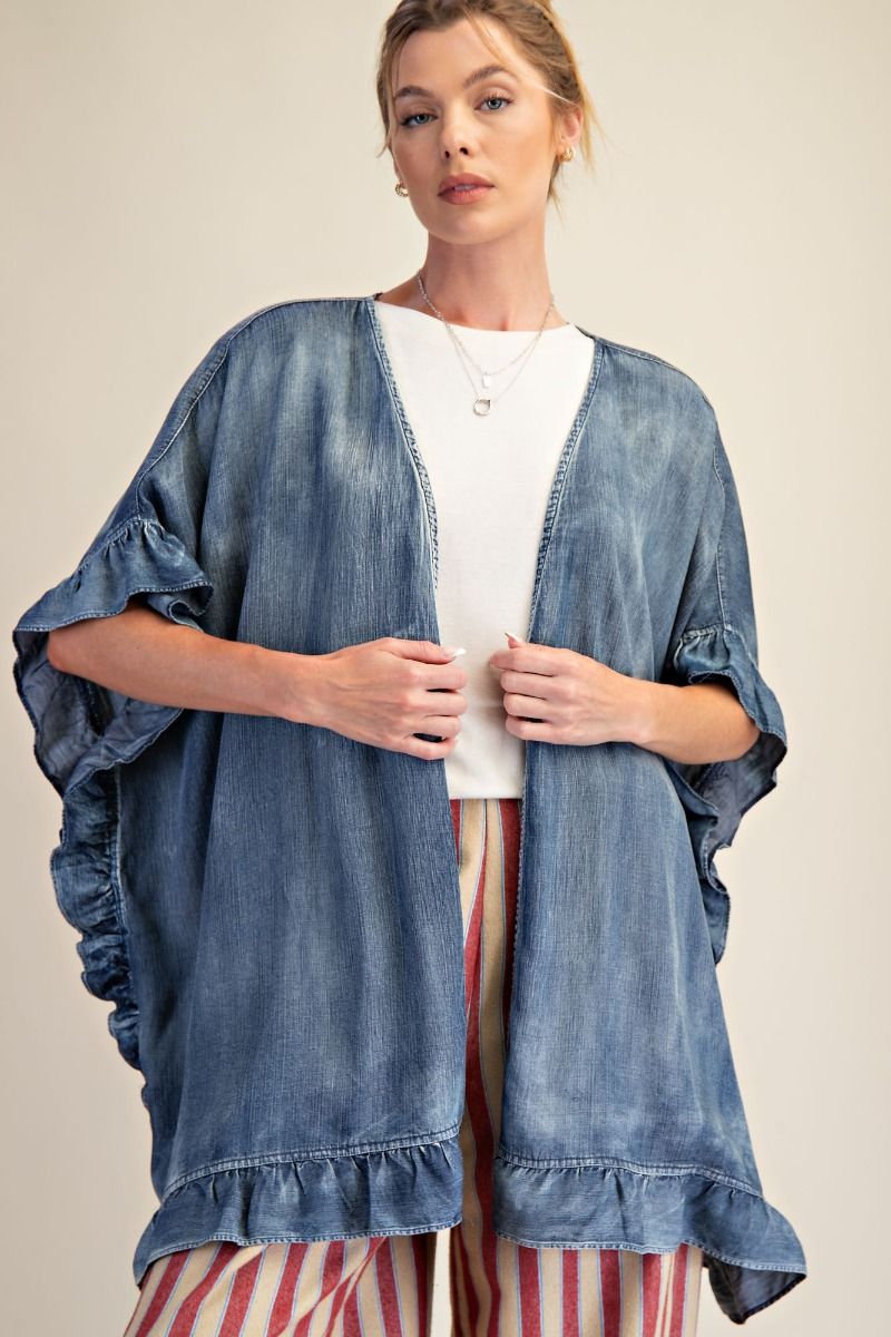 Easel Washed Chambray Star Patched Back Open Front Cardigan in