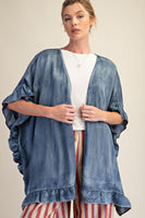 Easel Washed Chambray Star Patched Back Open Front Cardigan in Washed Denim