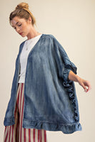 Easel Washed Chambray Star Patched Back Open Front Cardigan in Washed Denim