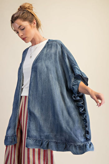Easel Washed Chambray Star Patched Back Open Front Cardigan in Washed Denim