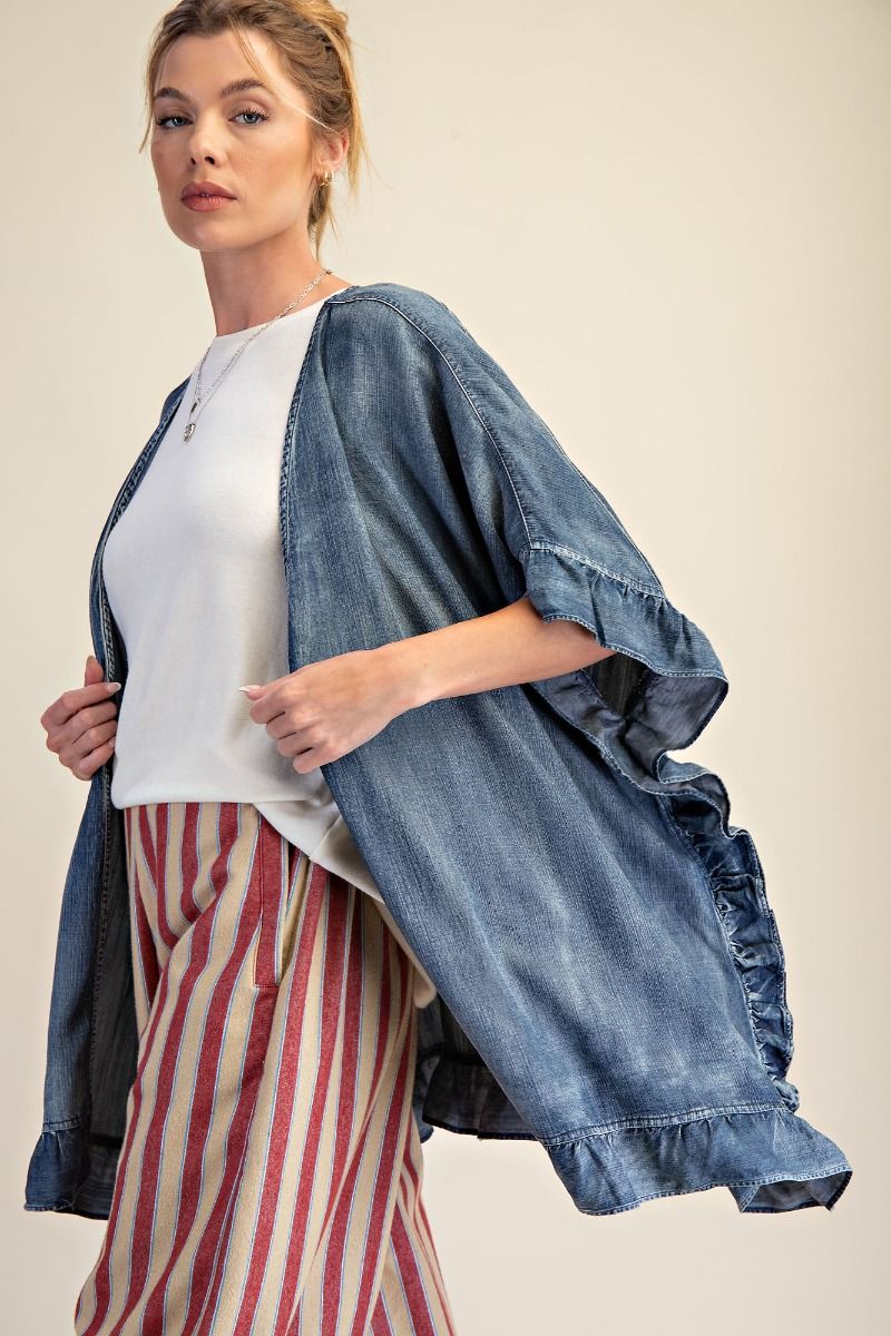 Easel Washed Chambray Star Patched Back Open Front Cardigan in