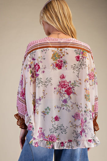 Easel Floral Ruffled Chiffon Top in Blush