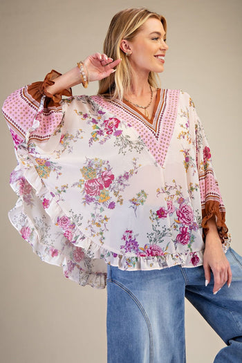 Easel Floral Ruffled Chiffon Top in Blush