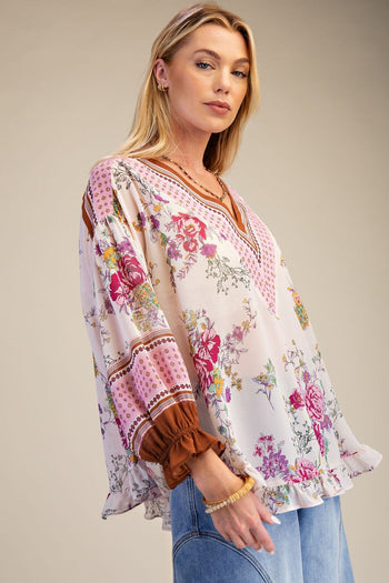 Easel Floral Ruffled Chiffon Top in Blush