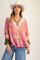 Easel Floral Ruffled Chiffon Top in Coral Pink