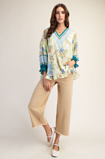 Easel Floral Ruffled Chiffon Top in Lemon