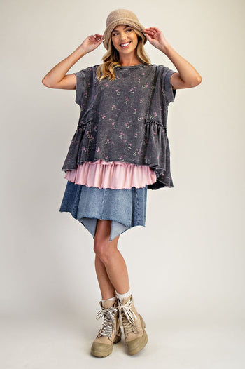 Easel Terry Knit Top with Allover Floral Print in Black