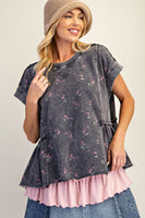 Easel Terry Knit Top with Allover Floral Print in Black