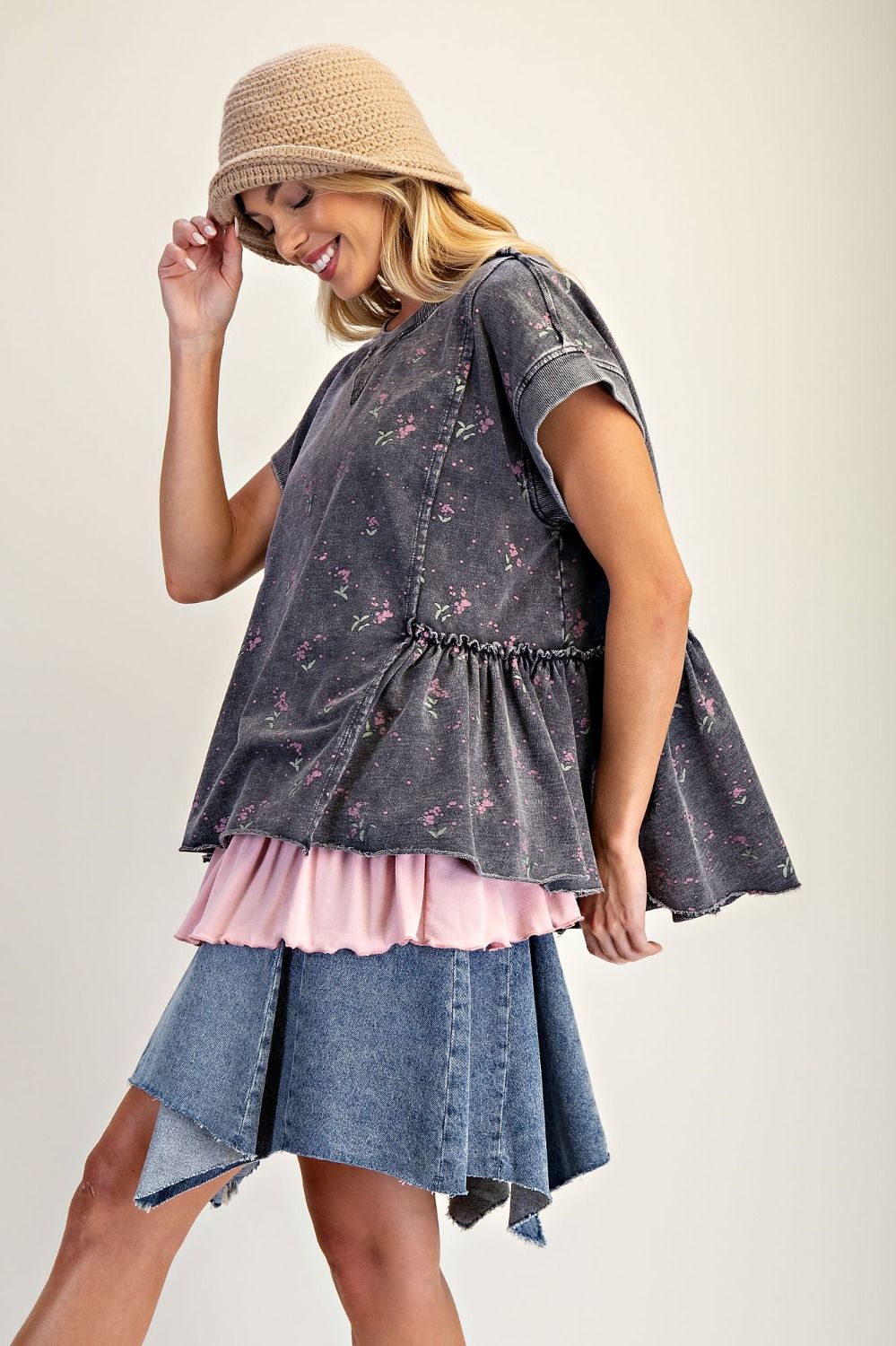 Easel Terry Knit Top with Allover Floral Print in Black – June Adel