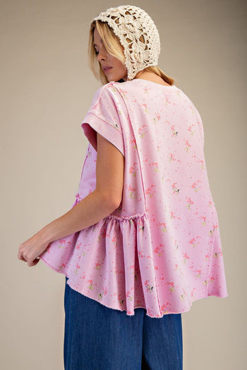 Easel Terry Knit Top with Allover Floral Print in Cotton Candy