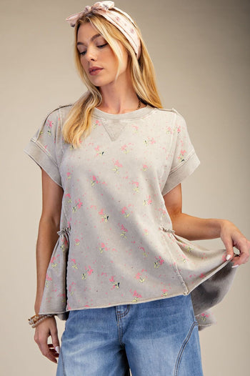 Easel Terry Knit Top with Allover Floral Print in Rock Stone
