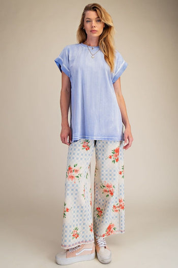 Easel Checkered Board and Floral Stretch Twill Pants in Ecru