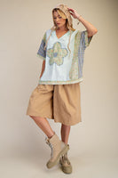 Easel Flower and Plaid Print Hooded Top in Cotton Blue