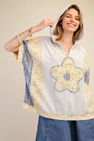 Easel Flower and Plaid Print Hooded Top in Grey