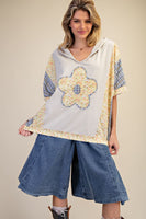 Easel Flower and Plaid Print Hooded Top in Grey