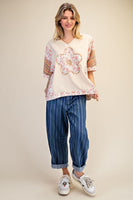 Easel Flower and Plaid Print Hooded Top in Natural