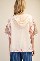 Easel Flower and Plaid Print Hooded Top in Natural