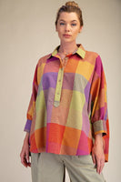 Easel Multi Color Plaid Pattern OVERSIZED Top in Berry Mix