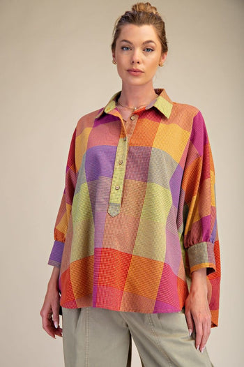 Easel Multi Color Plaid Pattern OVERSIZED Top in Berry Mix
