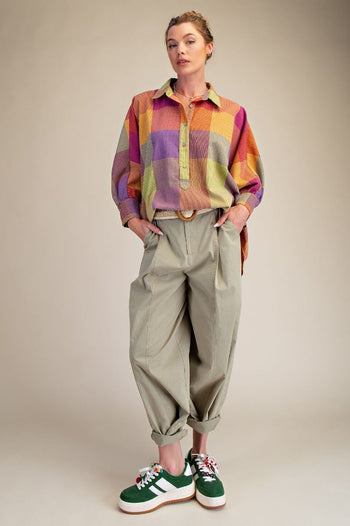 Easel Multi Color Plaid Pattern OVERSIZED Top in Berry Mix
