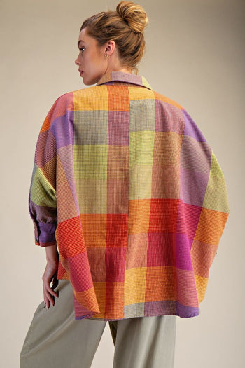 Easel Multi Color Plaid Pattern OVERSIZED Top in Berry Mix
