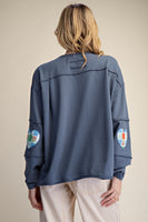 Easel Terry Knit LOVE Patched Top in Blueberry