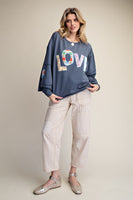 Easel Terry Knit LOVE Patched Top in Blueberry