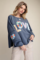 Easel Terry Knit LOVE Patched Top in Blueberry