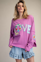 Easel Terry Knit LOVE Patched Top in Orchid Pink