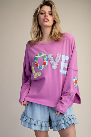Easel Terry Knit LOVE Patched Top in Orchid Pink