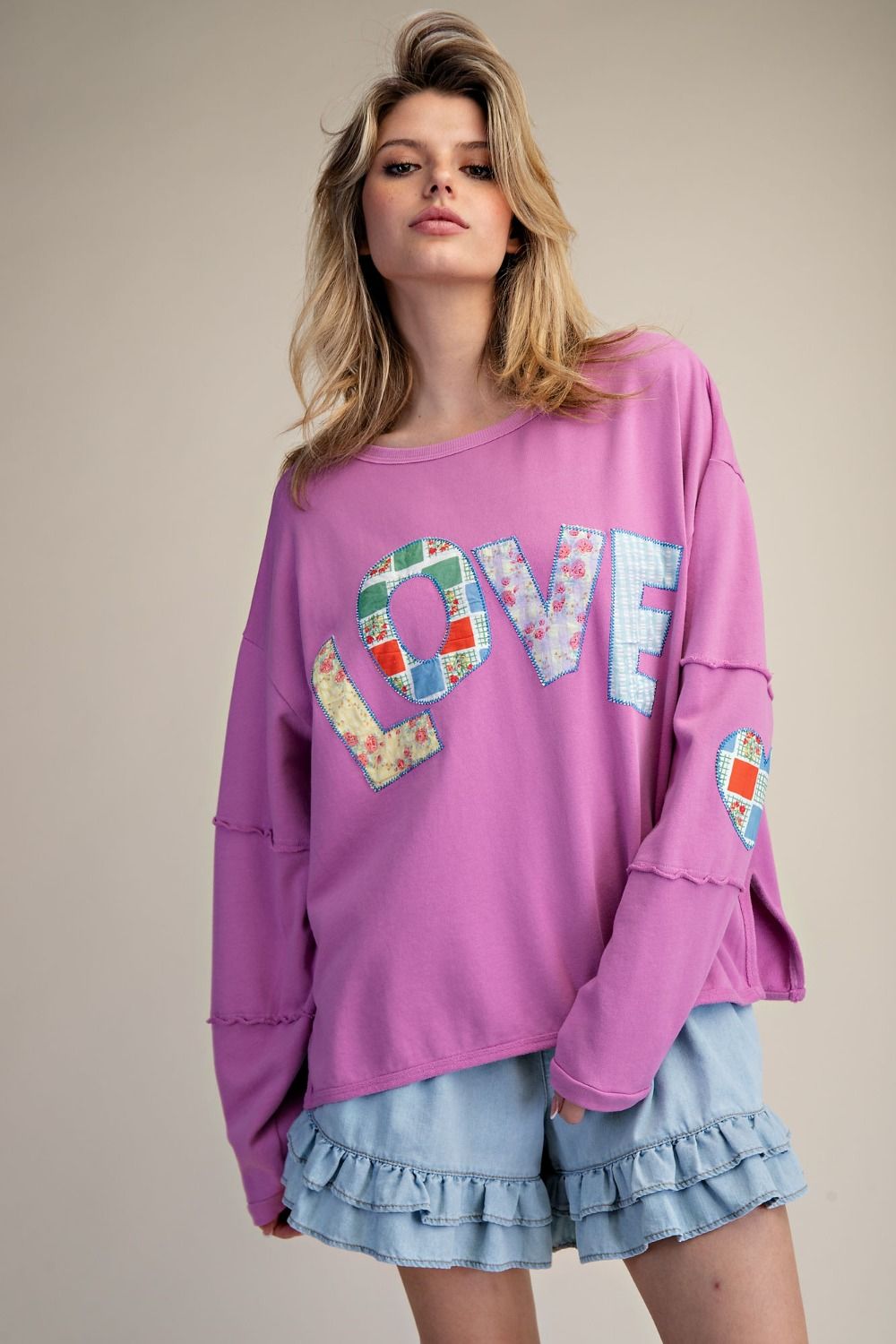 Easel Terry Knit LOVE Patched Top in Orchid Pink – June Adel