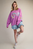 Easel Terry Knit LOVE Patched Top in Orchid Pink