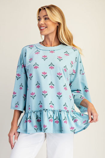 Easel Floral Print Terry Knit Top in Dusty Blue