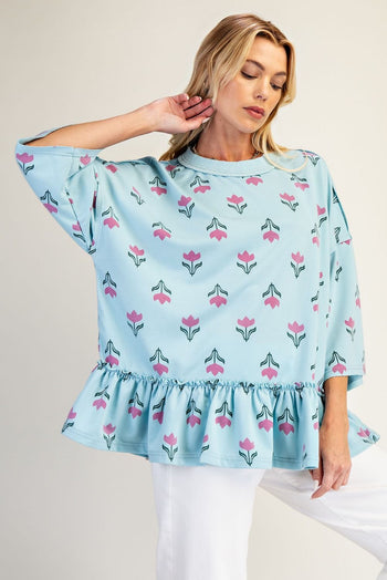 Easel Floral Print Terry Knit Top in Dusty Blue