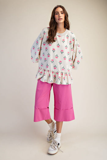 Easel Floral Print Terry Knit Top in Ecru