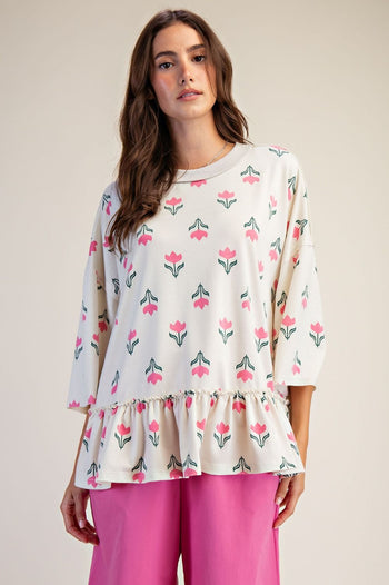 Easel Floral Print Terry Knit Top in Ecru