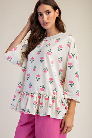 Easel Floral Print Terry Knit Top in Ecru