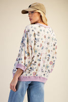 Easel Signature Floral Print Waffle Knit Pullover Top in Lilac Blue