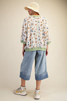 Easel Signature Floral Print Waffle Knit Pullover Top in Sage Rust ON ORDER