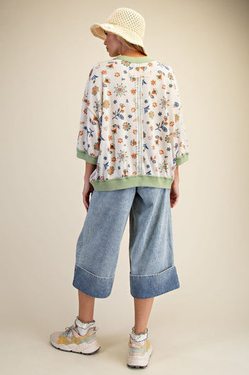 Easel Signature Floral Print Waffle Knit Pullover Top in Sage Rust ON ORDER