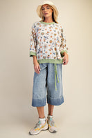 Easel Signature Floral Print Waffle Knit Pullover Top in Sage Rust ON ORDER