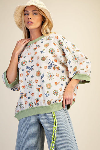 Easel Signature Floral Print Waffle Knit Pullover Top in Sage Rust ON ORDER