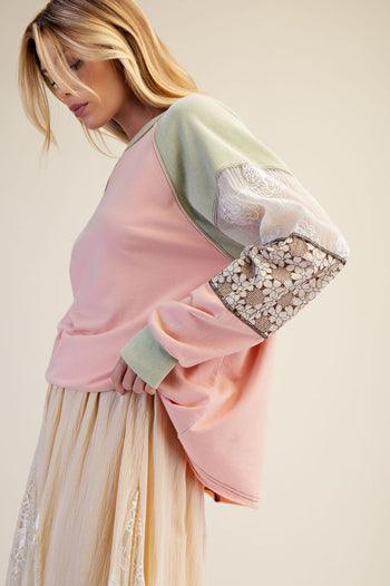 Easel Color Block Top with Mixed Fabric Sleeves in Faded Coral