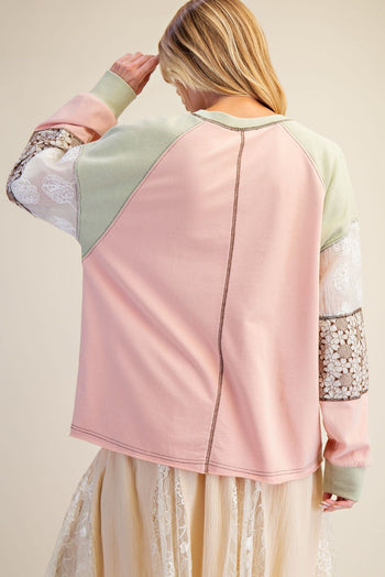 Easel Color Block Top with Mixed Fabric Sleeves in Faded Coral