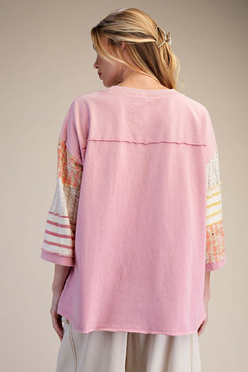 Easel Mixed Print Mineral Washed Boxy Top in Cotton Pink