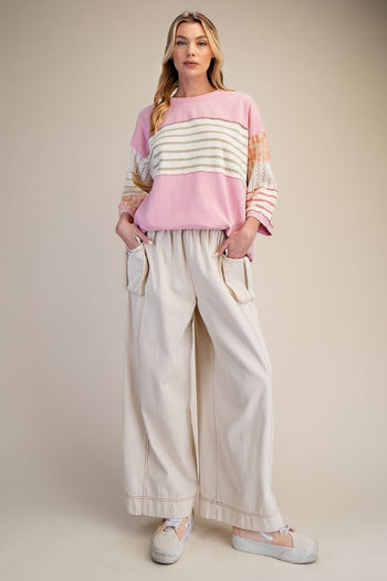 Easel Mixed Print Mineral Washed Boxy Top in Cotton Pink