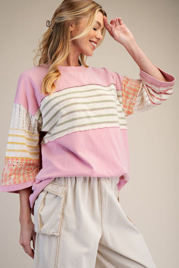Easel Mixed Print Mineral Washed Boxy Top in Cotton Pink