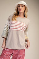 Easel Mixed Print Mineral Washed Boxy Top in Light Mushroom