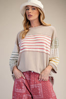 Easel Mixed Print Mineral Washed Boxy Top in Light Mushroom